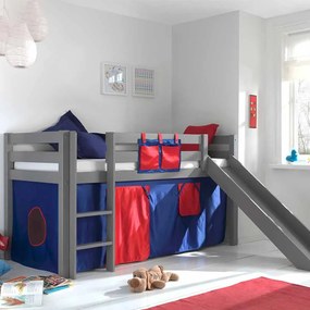 Conjunto Cama alta de Criança PINO 90 x 200 cm + estrado + escada + escorrega + cortina Domino Cinzenta