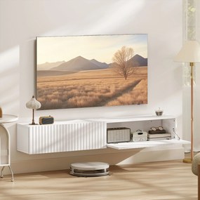 Móvel de TV suspenso de 140 cm, móvel para televisor de 72 polegadas, 2 portas rebatíveis, 140 x 25 x 22 cm, branco