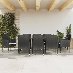 9 pcs conjunto de jantar para jardim vime PE e aço preto