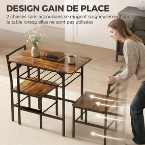 Conjunto de mesa de jantar com 2 cadeiras, mesa de cozinha com cadeiras para 2 pessoas, estrutura em metal, castanho