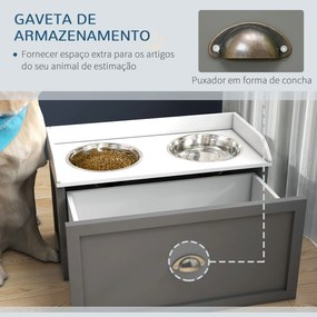 Comedouro Elevado para Cães com 2 Tigelas 2000ml de Aço Inoxidável Gaveta Oculta com Suporte de Madeira 60x30x36cm Cinza