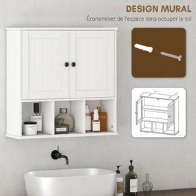 Armário de parede para casa de banho, móvel de arrumação com 2 portas, prateleira ajustável e compartimentos abertos, branco