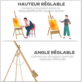 Cavalete de pintura dobrável em faia com altura e ângulo ajustáveis, 65x110x180-235 cm, madeira natural
