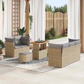 Conjunto de Sofá de Jardim de 8 Peças com Almofadas Bege Vime Poliéster Acácia