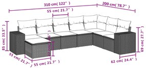 8 pcs conj. sofás jardim c/ almofadões vime PE cinzento-claro