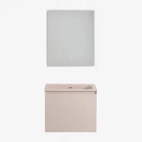 Conjunto De Móvel De Casa De Banho Suspenso Em Madeira Com Lavatório Integrado Macrae Crema Linho & Led Retangular E Anti-embaciamento 60x70 - Sklum