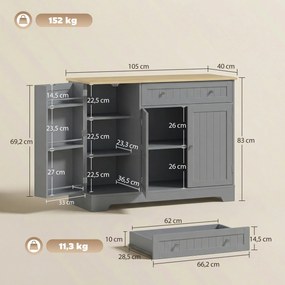 Aparador de Cozinha com 3 Prateleiras de Porta Gaveta e Prateleiras Ajustáveis para Sala de Jantar 105x40x83 cm Cinzento