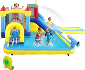 Castelo insuflável com soprador 620C x 320L x 220A cm, parque aquático, escorregas, trampolim, parede de escalada, canhão e cesto de basquetebol multi