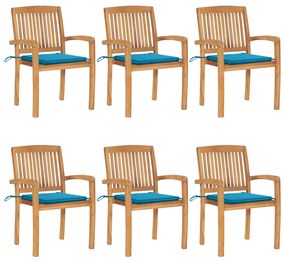 vidaXL Cadeiras de jardim empiháveis c/ almofadões 6 pcs teca maciça
