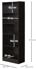HOMCOM Estante para Livros de 5 Níveis com Prateleira Ajustável e Desenho Anti-Tombo Estante de Armazenamento para Sala de Estar Estúdio Escritório 63x29,5x176 cm Preto
