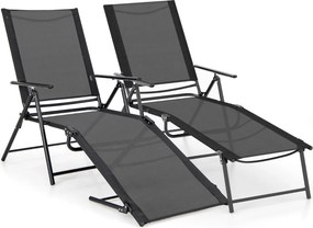 Conjunto de 2 espreguiçadeiras jardim dobráveis com encosto de 6 níveis Assento respirável Estrutura metálica em tecido 189 x 64 x 102 cm Preto