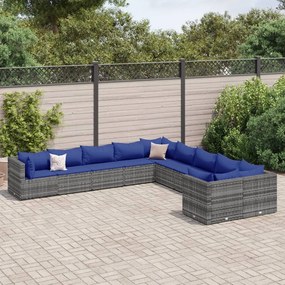 vidaXL 10 pcs conjunto sofás de jardim c/ almofadões vime PE cinzento