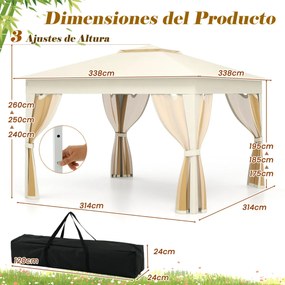 Pergula Instantânea para Jardim 337 x 337 CM Dobrável com Telhado Duplo com Rede Bolsa de Transporte Fácil Montagem Bege
