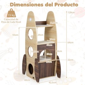 Torre para gatos 42,5 x 40 x 120 cm com casinha de madeira e arranhador em sisal, plataforma almofadada e bola suspensa natural