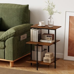 Mesa apoio industrial de 3 prateleiras, quadrada, com prateleiras abertas e estrutura metálica, para sala, quarto e espaços pequenos, em castanho rúst