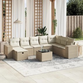 9 pcs conjunto de sofás p/ jardim com almofadões vime PE bege