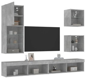 vidaXL 5 pcs móveis parede p/ TV c/ LEDs deriv. madeira cinza cimento