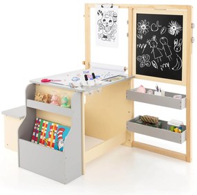 Conjunto de mesa e banco de cavalete de arte infantil com cavalete ajustável e estante - cinza claro