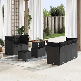 Conjunto de Sofá de Jardim vidaXL 8 Peças com Almofadas Preto Rattan Poly Acácia