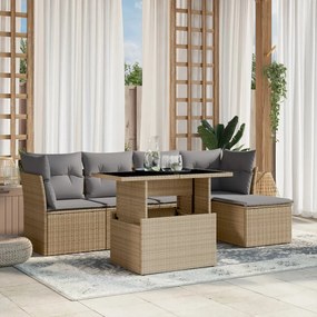 6 pcs conjunto de sofás p/ jardim com almofadões vime PE bege