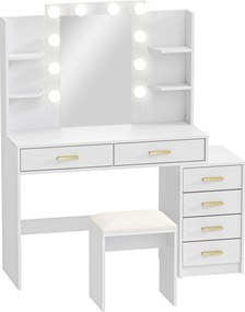 HOMCOM Penteadeira com espelho iluminado e banqueta estofada, conjunto de maquiagem com 6 gavetas e prateleiras, Branco | Aosom Portugal