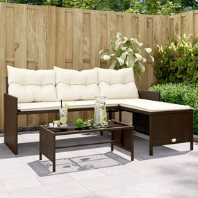 vidaXL Sofá de jardim forma de L c/ mesa e almofadões vime PE castanho