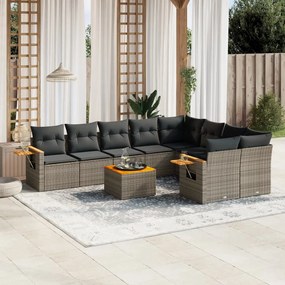 10 pcs conjunto sofás de jardim c/ almofadões vime PE cinzento