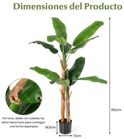 Plátano artificial com 165 cm de altura e 10 folhas grandes Caules duplos Casca natural Verde Decoração em vaso