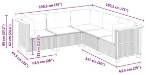 5 pcs conjunto sofás de jardim c/ almofadões vime PE cinzento