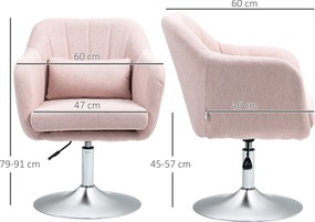Poltrona de sala com almofadas lombares, altura ajustável, giratória a 360°, com base em metal rosa