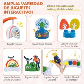 Centro de atividades para bebés com saltador, 6 brinquedos, luzes, música, 3 alturas ajustáveis, mesa giratória 360° para 6+ meses, Laranja