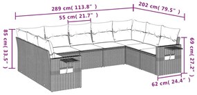 9 pcs conjunto sofás p/ jardim com almofadões vime PE cinzento