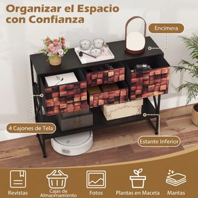 Mesa Consola com 4 gavetas em tecido 98,5 x 29 x 79,5 cm, estante, Estrutura metálica, padrão em mosaico de madeira, para corredores e espaços pequeno