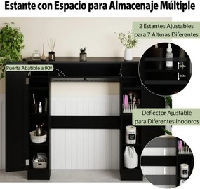 Estante sobre sanita 89 x 19,5 x 99 cm de casa de banho com prateleiras ajustáveis com suporte para papel higiênico Porta basculante Preto