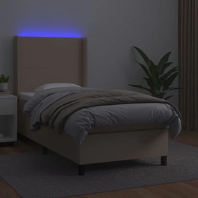 Cama box spring c/ colchão/LED 80x200cm couro artif. cappuccino