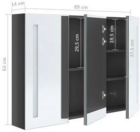 Armário espelhado casa de banho LED 89x14x62cm cinza brilhante