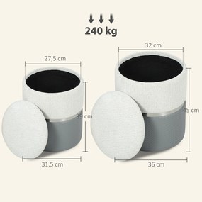 Conjunto de 2 Puffs de Arrumação Estofados em Chenille e PU Assento Acolchoado para Entrada Quarto Cinzento e Creme