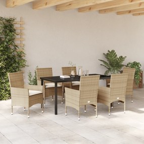 Conjunto de Jantar de Jardim de 7 Peças com Almofadas Bege em Rattan S