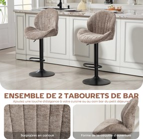 Conjunto de 2 bancos de bar em forma de concha, com encosto, altura ajustável e apoio para os pés, estrutura em aço, castanho
