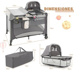 Berço Centro de atividades infantil portátil 5 em 1 com trocador de saia para protetor de berço Colchão removível 2 rodas cinto 110 x 78 x 78 cm Cinze