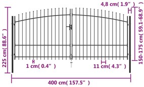 Portão de cerca com porta dupla e topo em lanças 400x225 cm