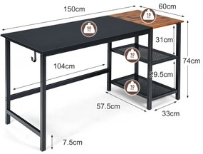 Mesa secretária grande para computador mesa de trabalho estilo industrial com almofadas removíveis 150 x 60 x 74 cm preta
