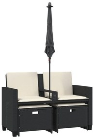 Sofá de jardim 2 lugares com guarda-sol e bancos vime PE preto