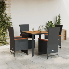 vidaXL 5 pcs conjunto de jantar p/ jardim c/ almofadões vime PE preto