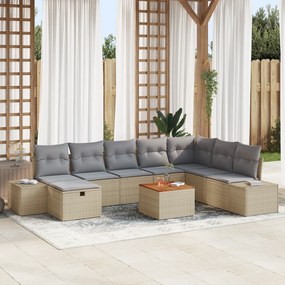 Conjunto de Sofá de Jardim de 9 Peças com Almofadas Bege de Vime Poly