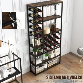 Garrafeira industrial para 27 garrafas  81 x 23 x 166 cm com diferentes compartimentos para vinho 3 filas de porta-copos Castanho Rústico + Preto