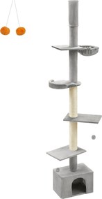 Arranhador para gatos, ajustável em altura, com vários níveis e caverna 70 x 30 x 252 cm cinzento claro