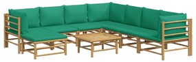 9 pcs conjunto lounge de jardim bambu c/ almofadões verdes