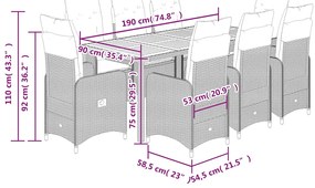 9 pcs conjunto bistrô de jardim c/ almofadões vime PE cinzento
