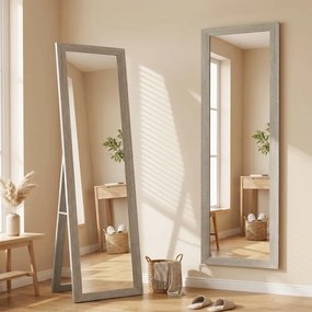 Espelho retangular com suporte de pé 37 x 155 cm, para fixação na parede ou para apoiar, com moldura de madeira, para sala de estar ou quarto, cinzent